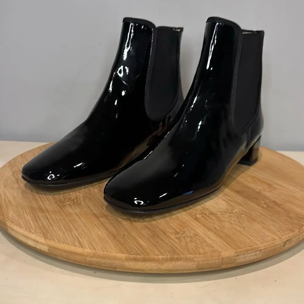 Frances Valentine Molly Patent Leather Square Toe Chelsea Boots Black Size 5.5 -